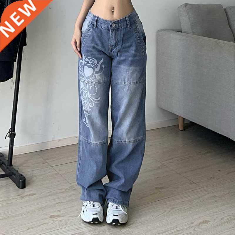 Harajuku printed Cargo Jeans Y2K Dark Blue brown High Waist