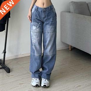 Jeans Y2K High printed Waist brown Cargo Blue Harajuku Dark