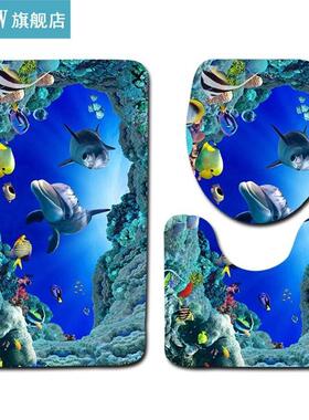 3Pcs/Set 3D colorful pattern Dolphin Print Bathroom Rug Set