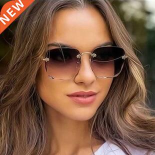Vintage Rimless Square Sunglasses Women Luxury Fashion Overs