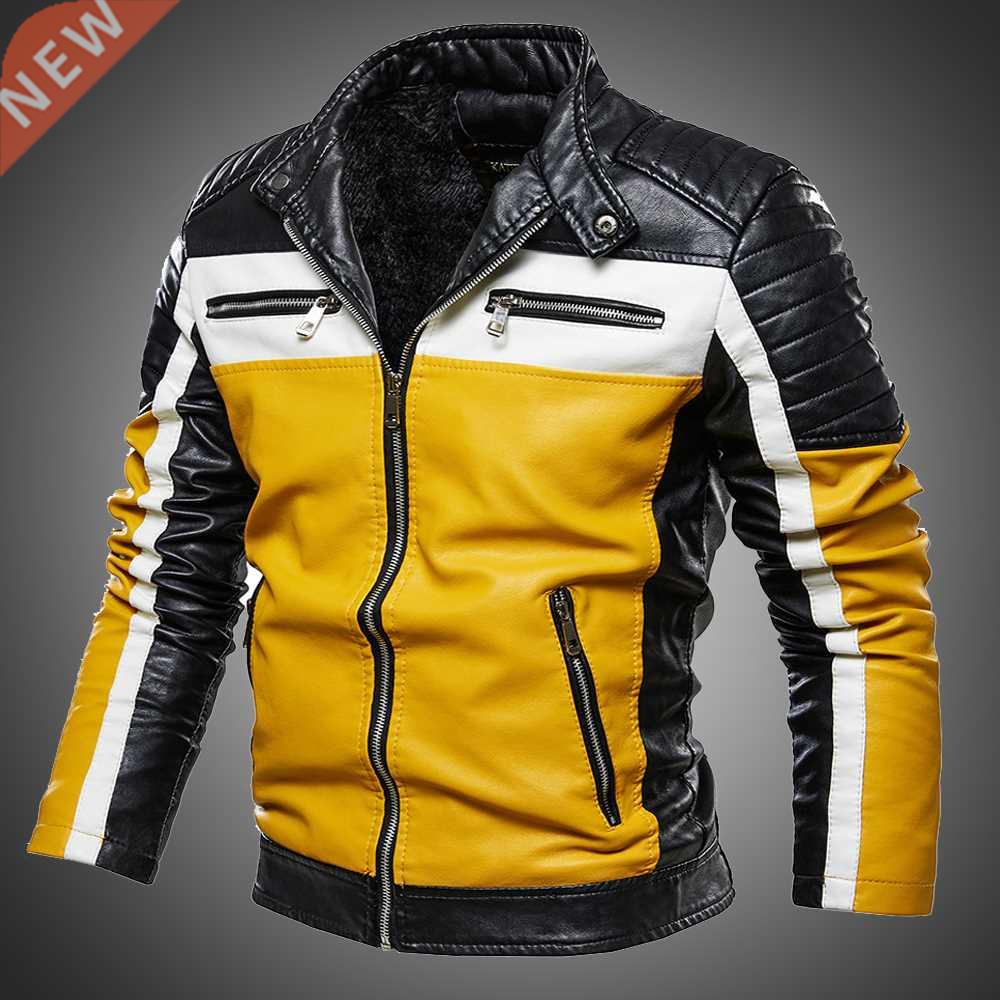 Men Yellow PU Leather Jacket Patchwork Biker Jackets Casual