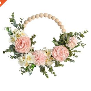 Wooden Bead Round Artificial Wedding Wreath for Front Peony