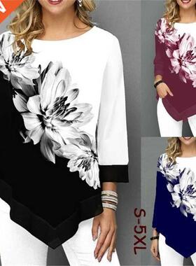 Fashion Women New Spring Shirts Floral Print Irregular Hem B