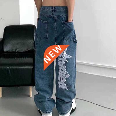 Retro Pockets Letter Embroidery Ripped Casual Jeans Men Stra