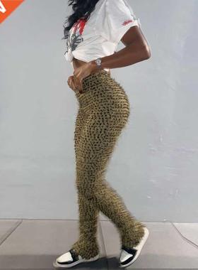 Women Pants Folds Leopard Herfst Undefined High Sreet Sheat