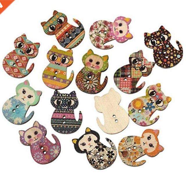 100Pcs Wooden Buttons Cat Shaped 2 Holes Wood Printing Sewin