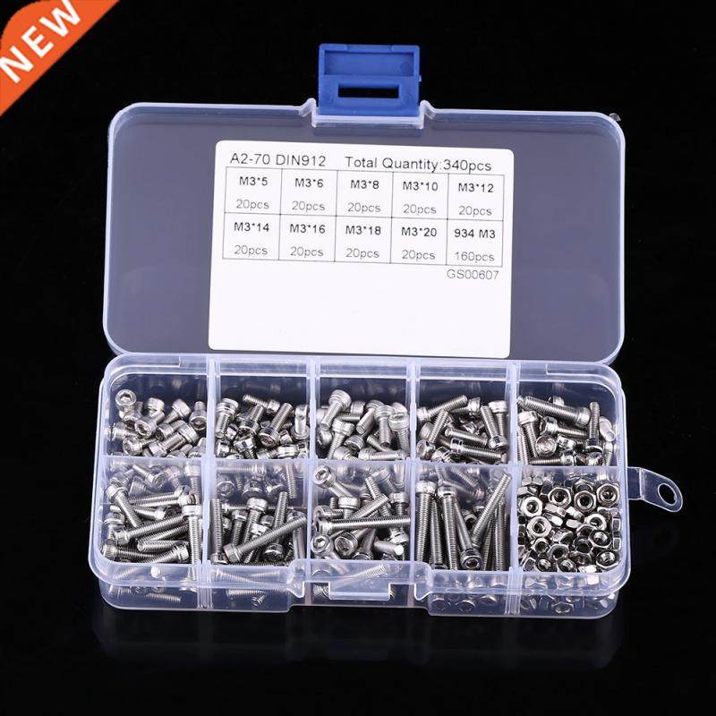 340pcs M3 Screws Nuts Kit SS304 Hex Socket Cap Head Screws a