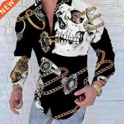 Fashion Skull Printing Patchwork Long Sleeve Shirts Men Autu