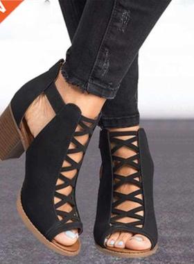 2021 Woen Square Heel Sandals Peep Toe Hollow Out Chunky Gl