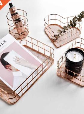 Nordic Gold Metal Iron Makeup Pen Storage Basket Office Desk