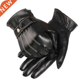 Leather Black Button Gloves Mittens Winter Warm Men