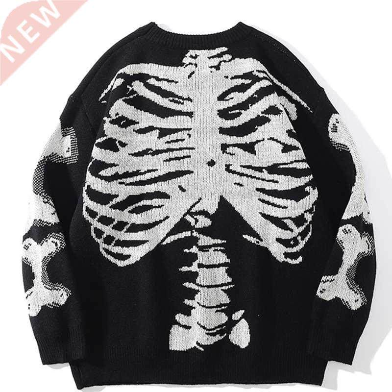 Men Oversized Sweater Black Loose Skeleton Bone Print Women
