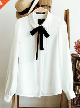 Fashion Female Elegant Bow Tie White Blouses Chiffon Collar