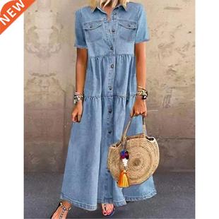 denim long and dress lape American button European multi