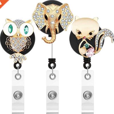 3Pcs Retractable Badge Reel Cute Animals Badge Holder Bling