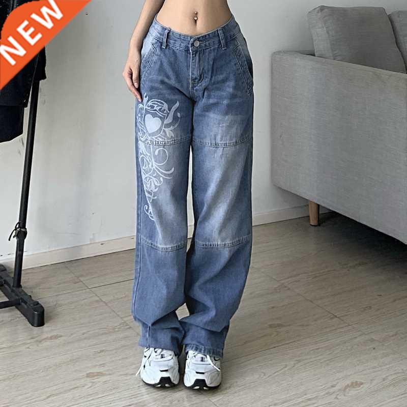 Harajuku printed Cargo Jeans Y2K Dark Blue brown High Waist