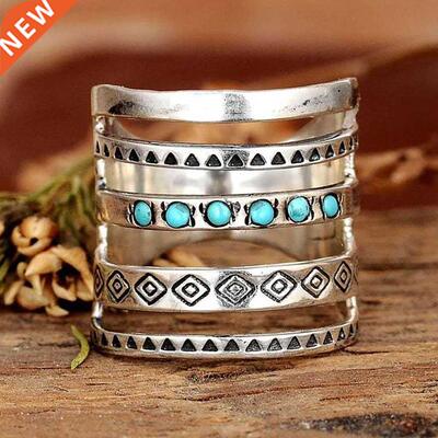 Antique Symbols Pattern Mosaic Stone Hollow Geometric Ring J