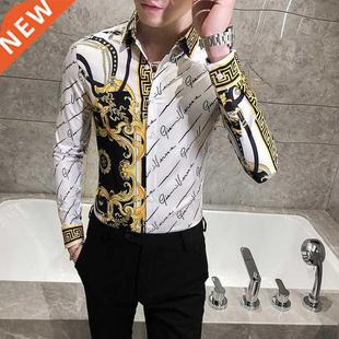 Autumn Man Vintage Printed Social Black Shirts Luxury Men's