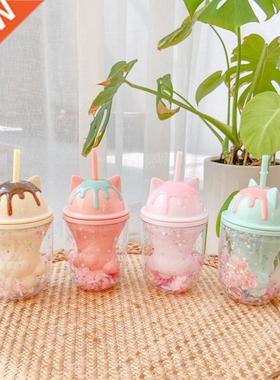 Cat Claw Double-Layer Plastic Straw Water Cup Interior Cherr