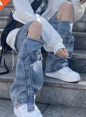 HOUZHOU Casual Women Pants Detachable Jeans High Wasit Wide