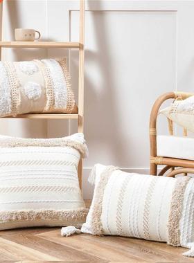 Cushion Cover Cotton Linen Tassel Pillowcase Tufted Beige De