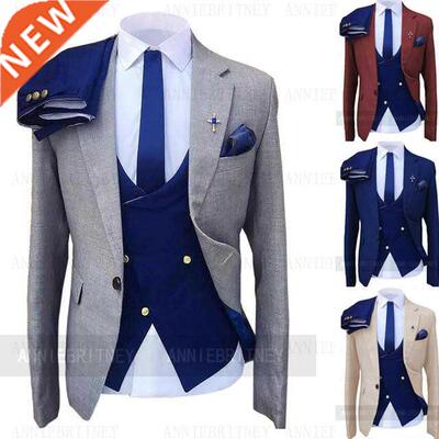 Fashion Wedding Suit For Men Yellow Coat Blue Vest Pants Sli