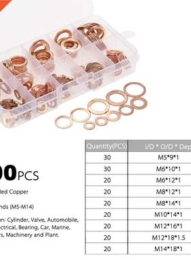 200PCS M5-M14 Copper Washers Gasket Set Flat Ring Seal Assor