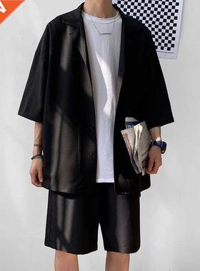 Korean Style Men's Set Suit Jacket and Shorts Solid Thin Sho