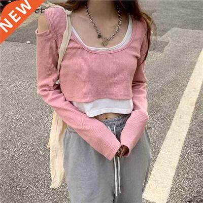 Off Shoulder Fake Two Pieces Long Sleeve T-shirts Women Kore