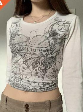 y2k Fairy Grunge Diaonds Graphic Print Crop Top Autun Long