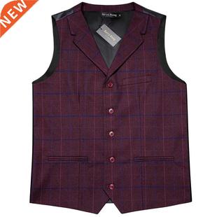 Barry.Wang Design Men Suit Vest Red Plaid Waistcoat Wool Ble