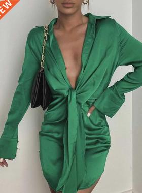 V-neck Soft Silk Satin Dress Women 2021 Spring Long Sleeve C