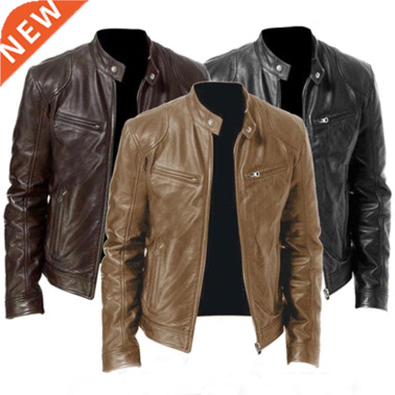 Motorcycle Jacket Mens Slim Fit Short-Coat Collar PU Jackets