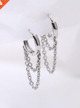 Real  Sterling Silver Double Layer Tassel Hoop Earrings F