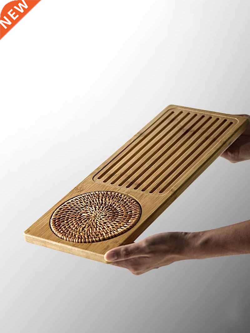 Solid Bamboo Wood Tea Tray Rattan Mat Rectangle Serving Tabl