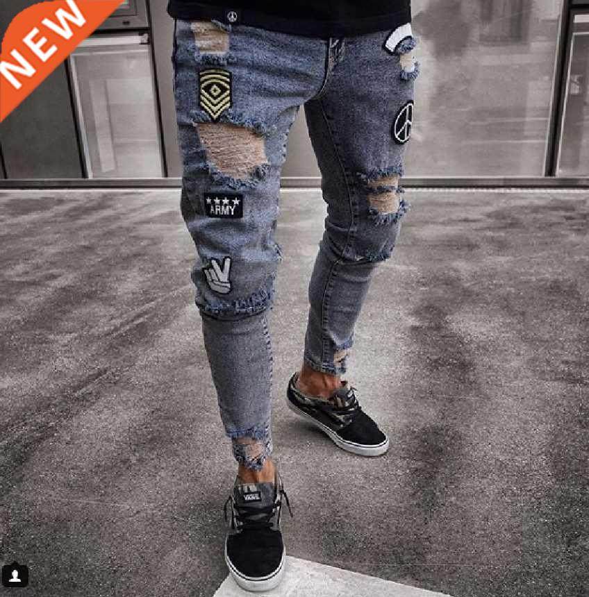 men stylish ripped jeans pants biker skinny slim straight fr