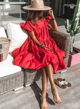 Retro Oversized Patchwork Dress Women's Elegant O-Neck Ruffl