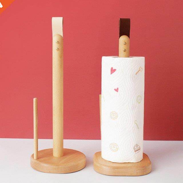 Wooden Roll Paper Towel Holder Kitchen Tissue Vertical Stand