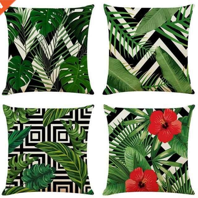 Green Leaf Geometric Cushion Covers Decorative Linen Square