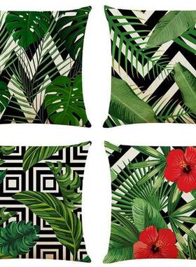 Green Leaf Geometric Cushion Covers Decorative Linen Square