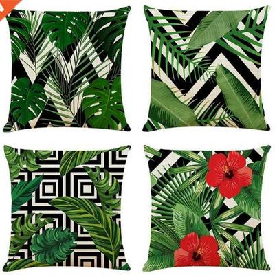 Green Leaf Geometric Cushion Covers Decorative Linen Square