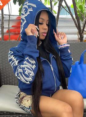 New 2022 Winter Letter Printed Zip Up Hoodie Sreetwear Women