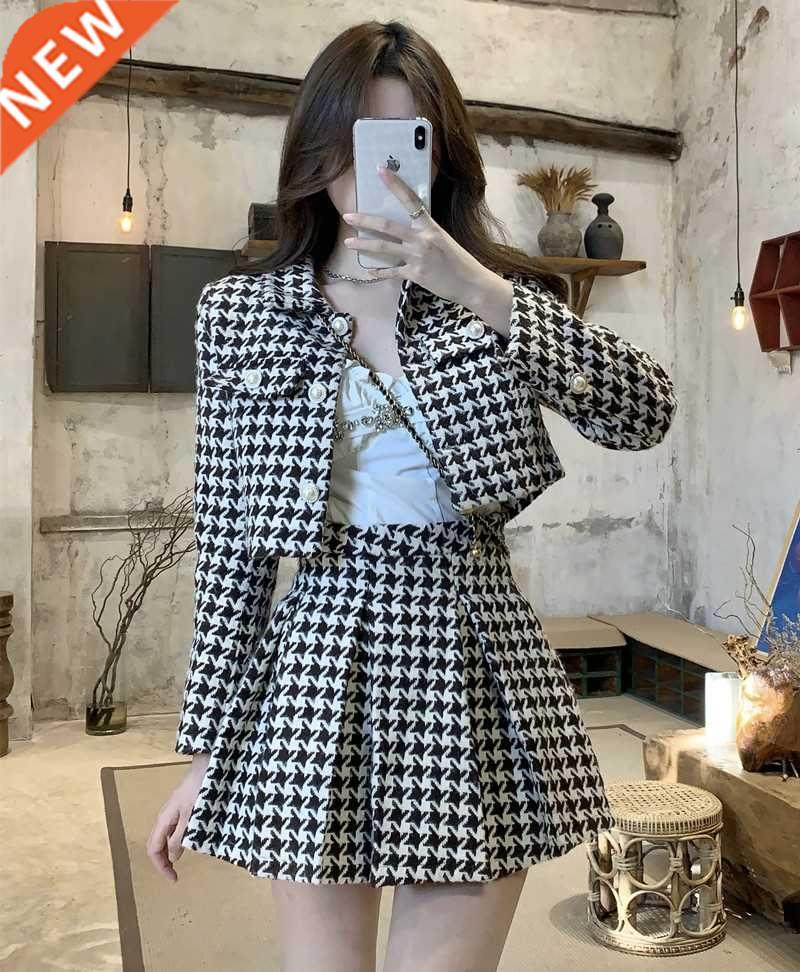 Temperament Matching Sets Retro O Tweed Plaid Jacket Short L