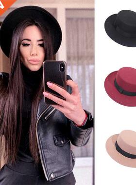 Autumn Winter Wool Boater Flat Top Hat For Women's F
