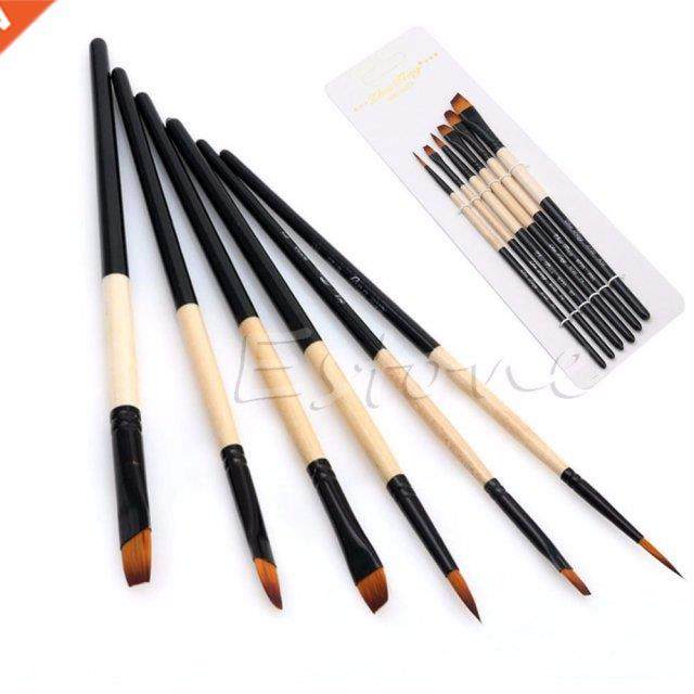 New Hot 6Pcs/Set Flat Nylon Hair Paint Brush Gouache Acrylic