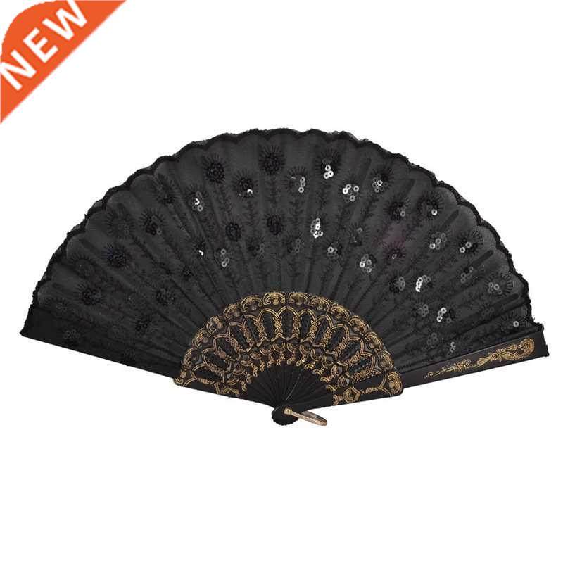 Black Plastic Frame Embroidery Floral Detail Folding Hand Fa