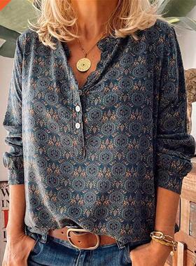 40#Vintage Blouses Women Clothing Plus Size Casual Button Lo