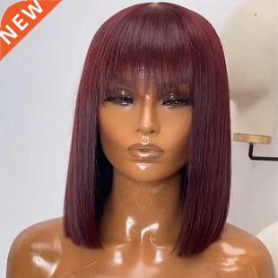 99J Burgundy Red Short Human Hair Wig with Fringe for Women