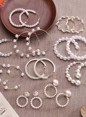 Simple Plain Gold Color Metal Pearl Hoop Earrings Fashion Bi