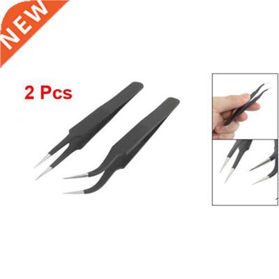 2 Pcs 1cm Length Black Anti-static Curved Tweezers